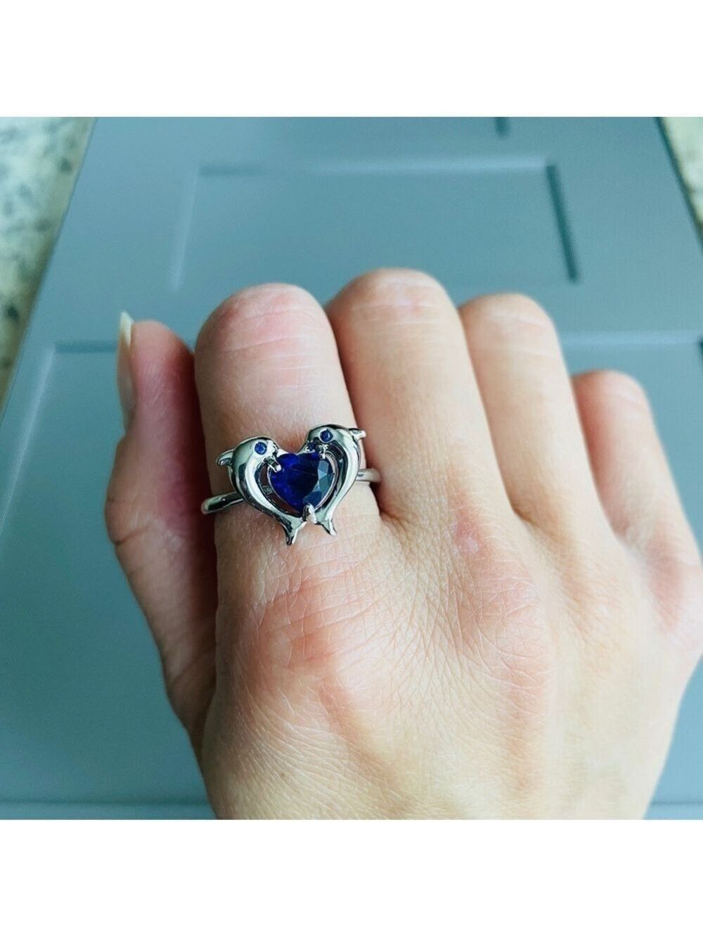 Lab Sapphire Heart 2 Dolphins Sterling Silver Ring Beach Ocean Summer - Picture 6 of 9